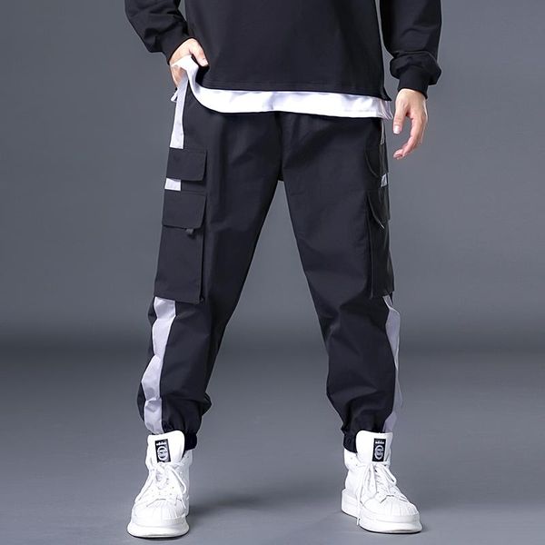 

men's pants fat men oversized cargo multi pocket elastic wai big size 6 7xl color stitching suits spring autumn casual belly, Black