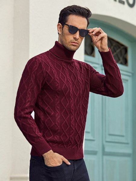 

men turtle neck cable knit sweater q67e#, White;black