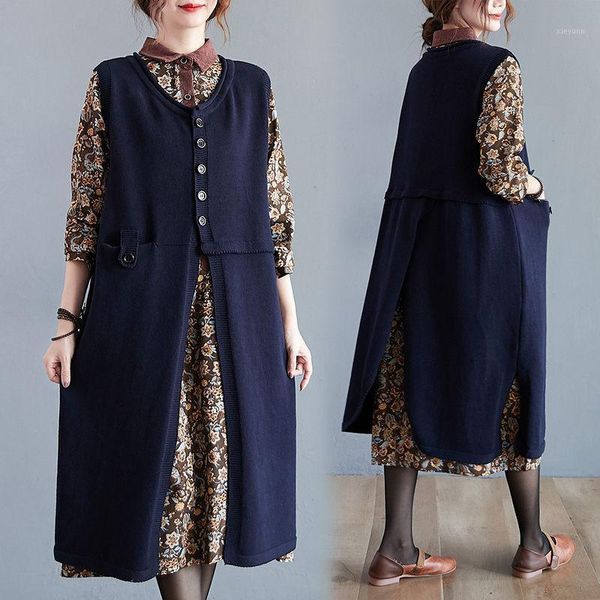 

women's knitted sweater vest autumn and winter 2020 new loose large size thick slit mid-length outer dress casual knitwear y5201, Black;white