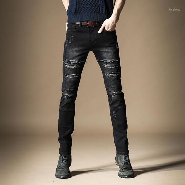 

ripped jeans streetwear men stretch denim trousers causal black distressed straight pants1, Blue