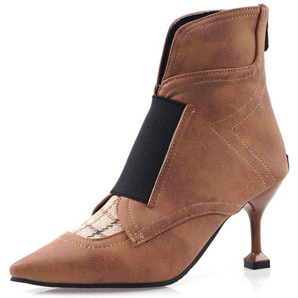 

lady boots zipper pointe shoes pointy high heel rubber pointed toe rome solid ankle strange style pu basic short plush with, Black