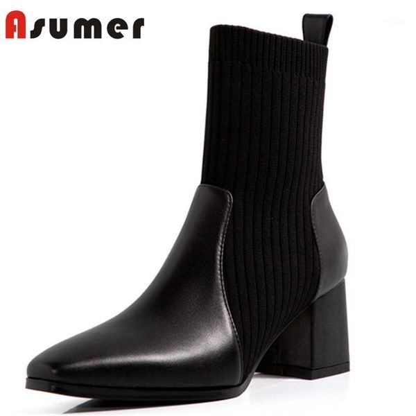 

boots asumer 2021 autumn winter genuine leather shoes women knitting stretch casual pointed toe fashion brand ankle women1, Black