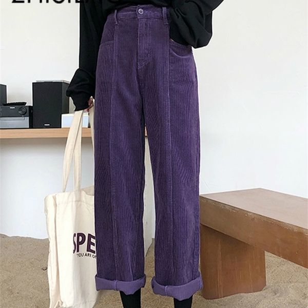 

wide leg straight pants women purple corduroy high waist loose trouser mujer autumn winter vintage pants femme retro 201012, Black;white