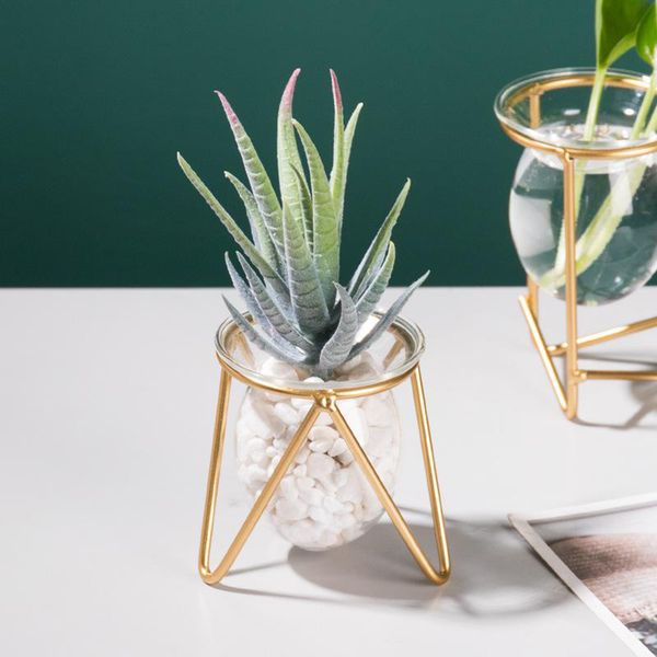 

plant terrarium with metal frame stand, air planter glass vase geometric holder retro tablefor hydroponics home garden office decoration