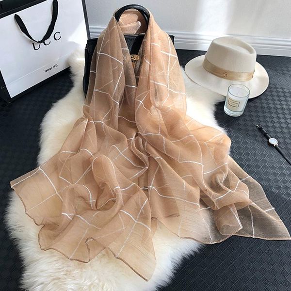 

новый весна лето настоящий шелковый шарф женские мода серебряные проволоки клетчатые шали и обертки тонкие pashmina femme hijab зимние шеи ш, Blue;gray