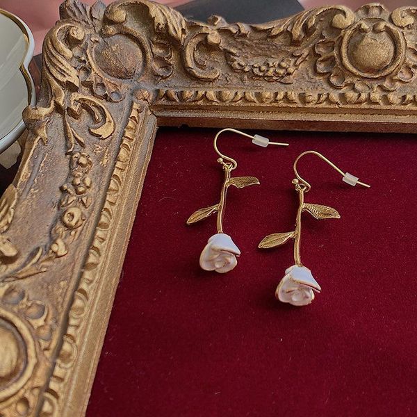 

dangle & chandelier orgin summer korean fashion white rose flower hooke for women vintage gold leaf earings party gifts jewelry accessories, Silver