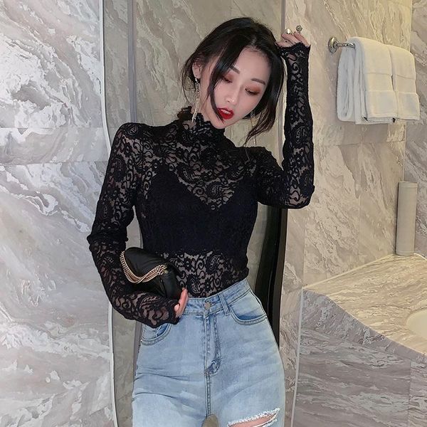 

2020 autumn new temperament self-cultivation western high-neck lace women's long-sleeved hollow fashion bottoming shirt, White