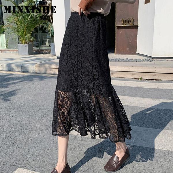 

new womens skirt 2020 lace high waist spring office mermaid faldas vintage ruffles black white korean long ladies skirts1