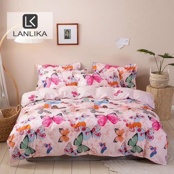 

lanlika butterfly pink bedding set fitted sheet with elastic band mattress cover  king double bed duvet cover linens