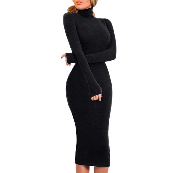 

dress women 2020 spring autumn fashion solid womens long dress high neck slim fitness jumper party bodycon #s, Black;gray