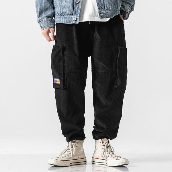 

men vintage fashion corduroy casual cargo pants male loose multi-pocket streetwear hip hop harem trouser jogger sweatpants1, Black