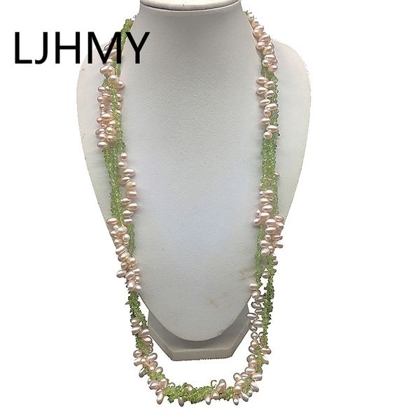 

3 strands layered pink freshwater cultured pearl peridot semi-precious stone long necklace statement necklace women 75cm long y200730, Silver