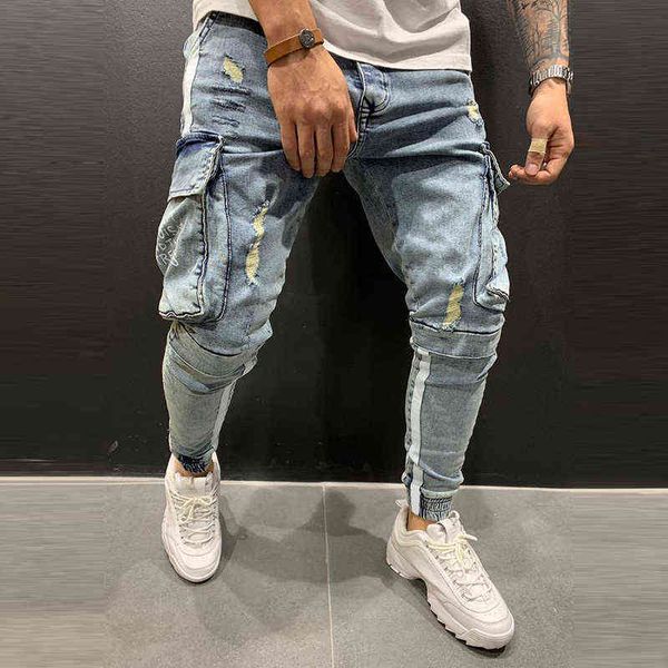 Новый модный патч Pocket Design Jeans Men 2021 осень зима повседневная твердая джинсовый брюк для мужских стройных подходящих грузовых брюк уличная одежда G0104