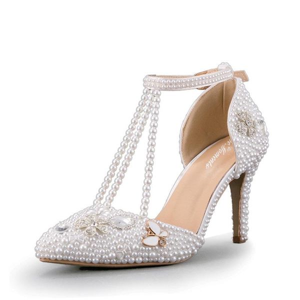 

dress shoes crystal high heel pearl rhinestone sandals pointed stiletto large size handmade bride wedding banquet, Black