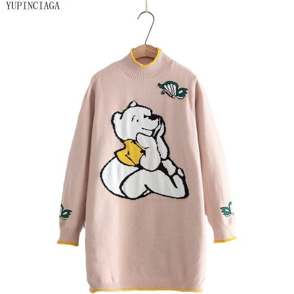 

cartoon bear embroidery knitted mid-length sweaters 2020 harajuku loose small high neck jacquard sweater knit pullover lj201114, White;black