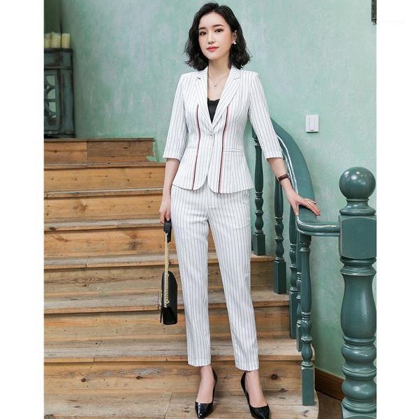 

women's two piece pants 2021 ladies white striped blazer women business suits formal office work wear clothes pant and jacket sets1