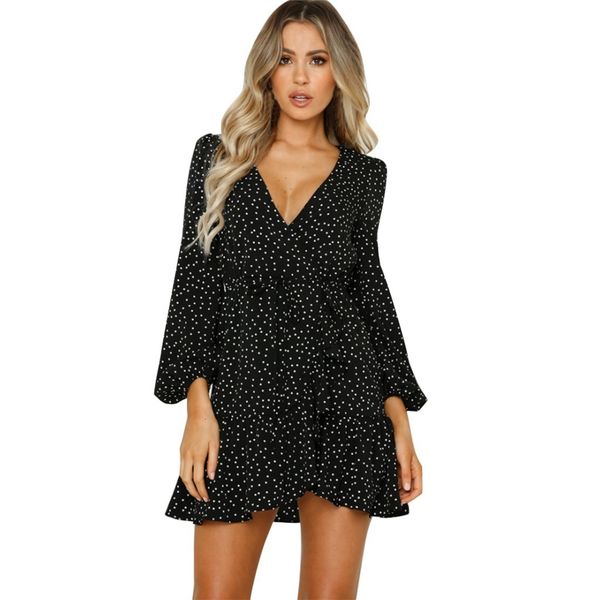 

party vintage women long sleeve female v-neck summer 2020 spring elegant dot print mini es vestidos, Black;gray