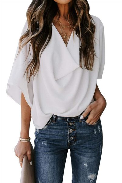 

blouses women fashion 2020 summer casual loose draped chiffon shirts female half sleeve folds v neck blouses s xxl, White