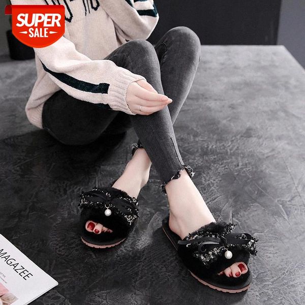 

women spring fashion slippers women's solid color non-slip bow warm indoor home flip flop soft casual plush slipper shoes #a41k, Black