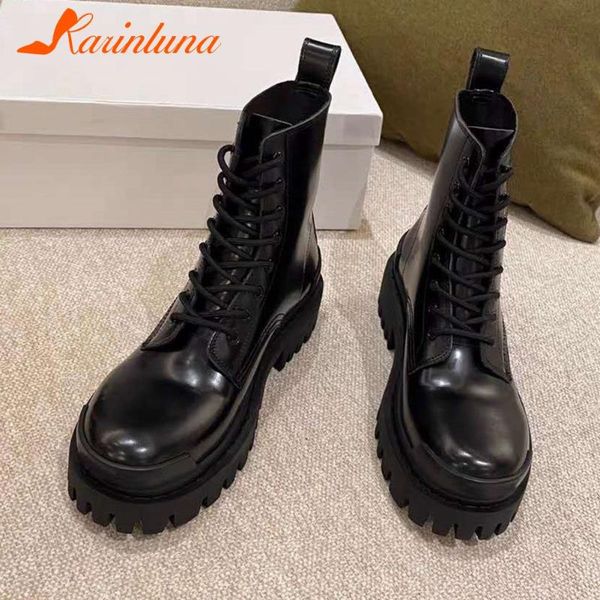

autumn motorcycle boots platform round toe chunky heels shoelace women boots karin new fashion femlae ankle women shoes, Black