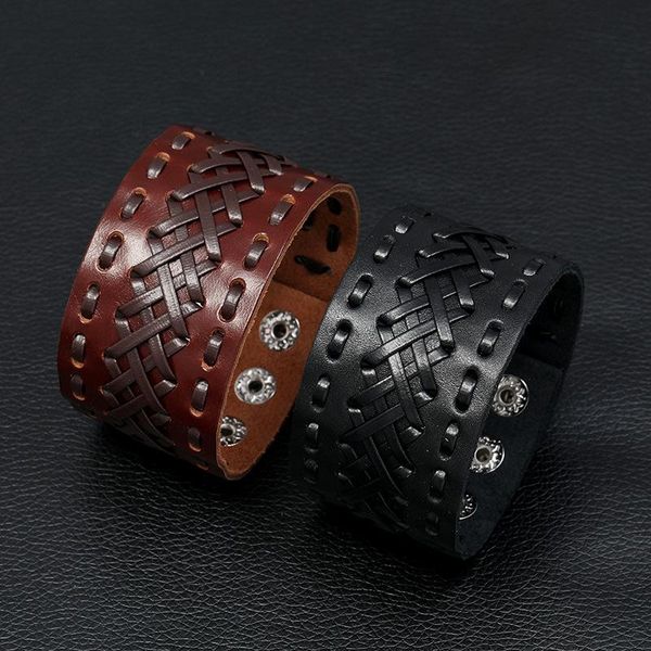 

new punk style woven cowhide bracelets fashion cycling motorcycle men's wide leather wristband accessories jewelry gifts, Golden;silver