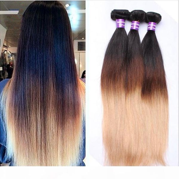 

brazilian hair 3bundles straight ombre human hair weave three tone color 1b 4 27 honey blonde virgin brazilian human hair extensions, Black