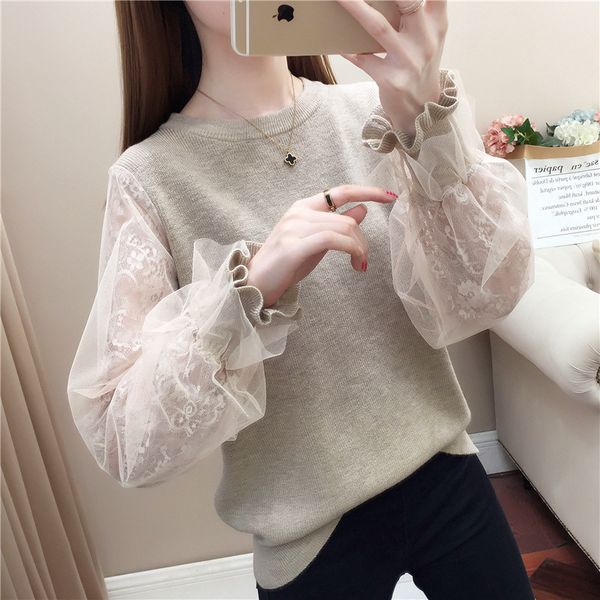

knitwear new 2020 foreign style sweater loose autumn lace sleeve crew neck bottoming shirt women's fashion, White;black