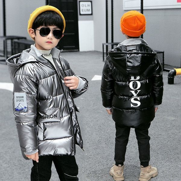 

winter boy's coat cotton padded jacket thickened 2020 new 2-10 bright leather down jacket for children, Blue;gray