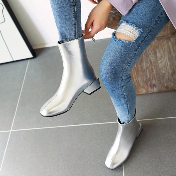 

ymechic 2020 fashion autumn silver black square thick heels boots women back zipper block high heel ankle boot ladies shoes 42