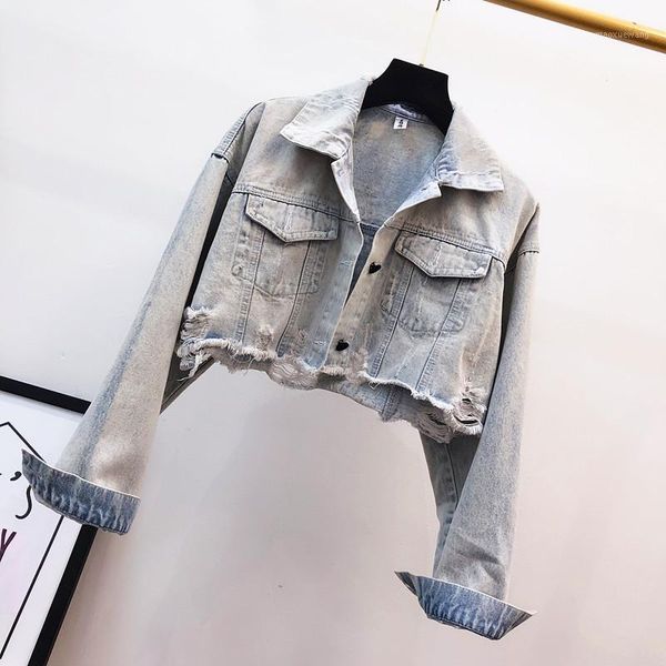 

2019 women cropped jean jacket light blue bomber short denim jackets jaqueta casual ripped jeans coat big size j3221, Black;brown