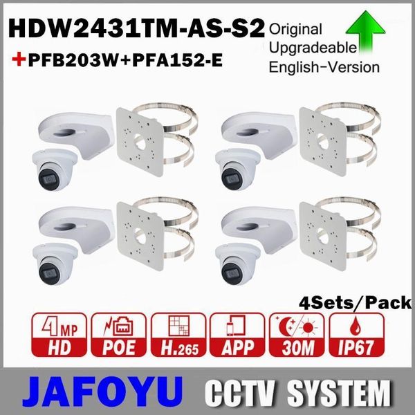 

cameras 4sets/pack including 4pcs dh hdw2431tm-as-s2 4mp wdr ir eyeball network camera with poe p2p + pfb203w pfa152-e1