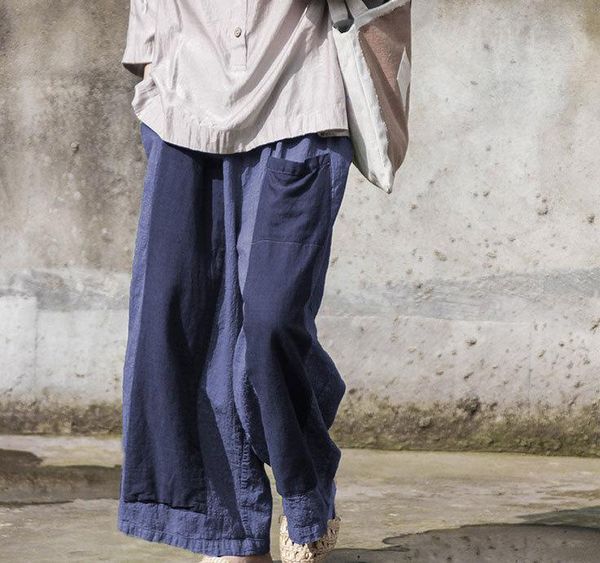 

women loose cotton linen patchwork elastic waist pants female loose wide leg spliced pants ladies 2020 wide leg trousers, Black;white