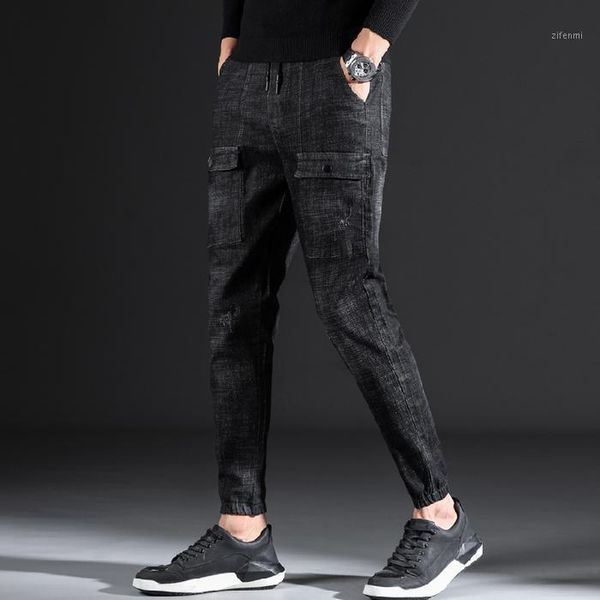 

pencil pants mens jeans slim wash denim jeans mens lacing pants trousers1, Blue