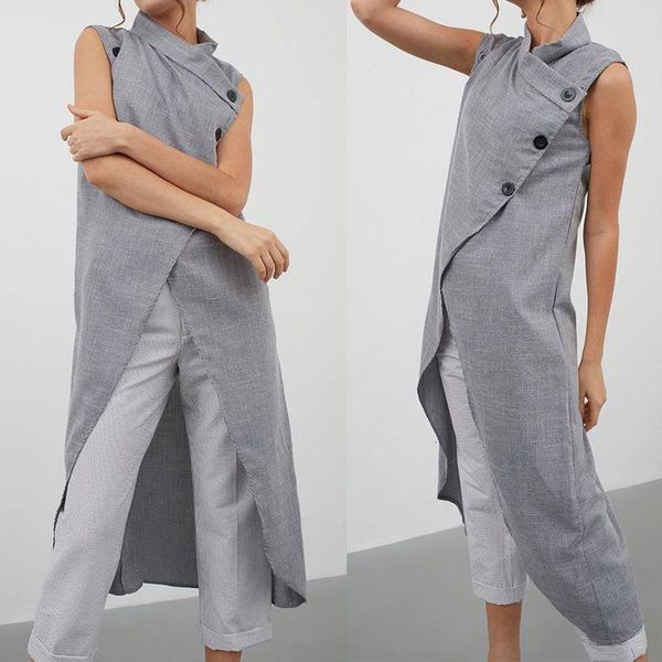 

summer fashion women long blouse sleeveless asymmetric irregular modern split tunic shirts buttons down blusas mujer, White