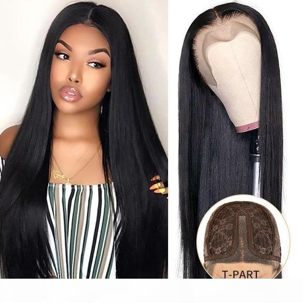 

natural human hair wig silky straight malaysian remy glueless lace front wigs with baby hair for black women t part lace closure long wig, Black;brown