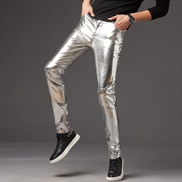 

2020 men skinny faux leather leisure pants black gold silver pu pants singers club performance on stage dancer clothes