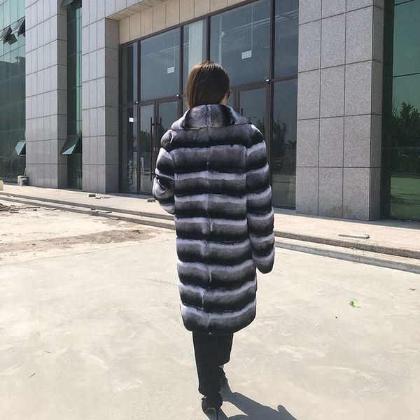 

chinchilla 2020 luxury fur coat genuine real lady rex rabbit striped skin coats turn down collar thick pocket fashion brand upzh, Black