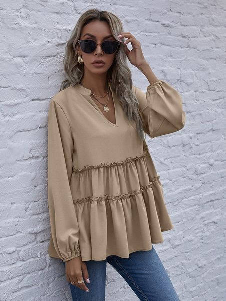 

notched neck frill trim peplum blouse a5vu#, White