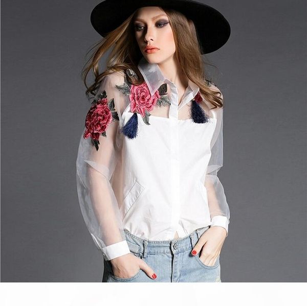 

2016 spring new european and american women print flower shirt blouse embroidered gauze organza long-sleeved white woman shirts blouses