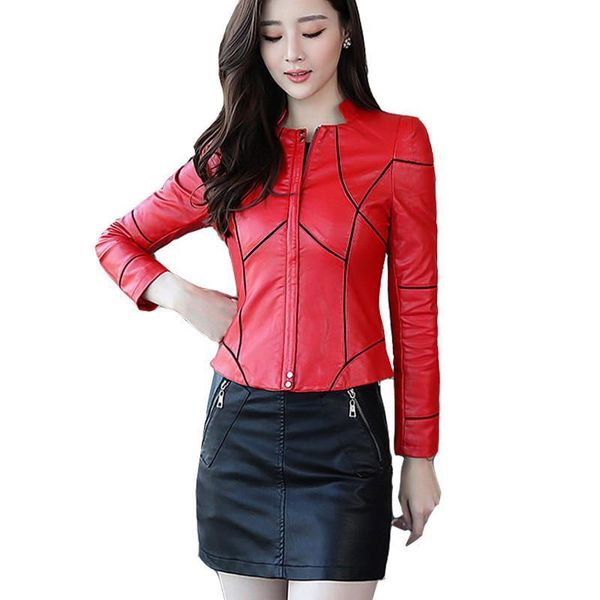 

2020 spring autumn women faux leather jackets zipper basic coat motorcycle pu leather coats red black biker jacket outerwear 599, Tan;black