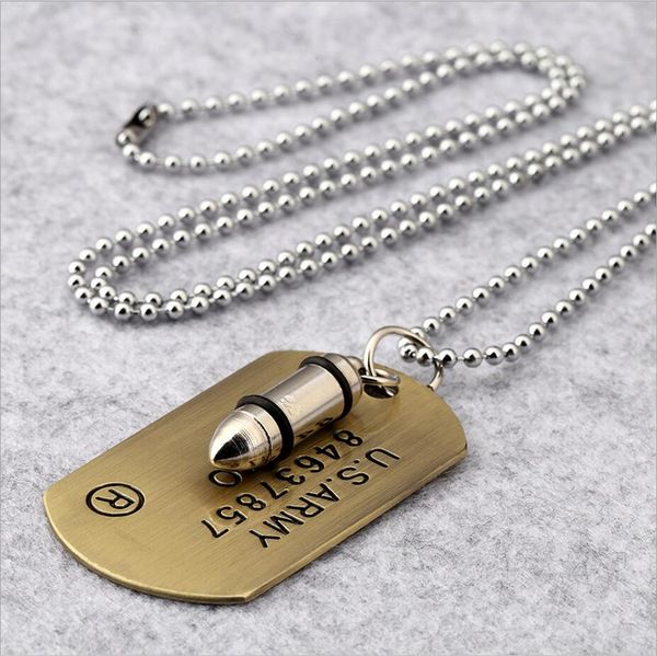 

luxury men hiphop us military bullet charm dog tags pendant necklaces fashion vintage male necklace jewelry gifts fashion design, Silver