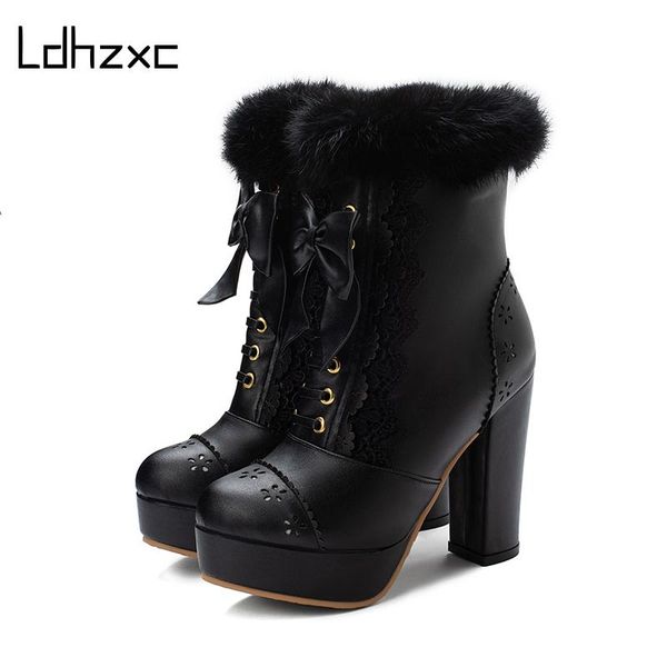 

ldhzxc 2021 ankle boots women zip sweet autumn high heels platform boots sweet party wedding shoes woman, Black