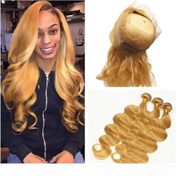 

#27 strawberry blonde body wave brazilian hair bundles with 360 closure honey blonde wavy 360 lace frontal 22.5x4x2" with weaves 3bundl, Black;brown