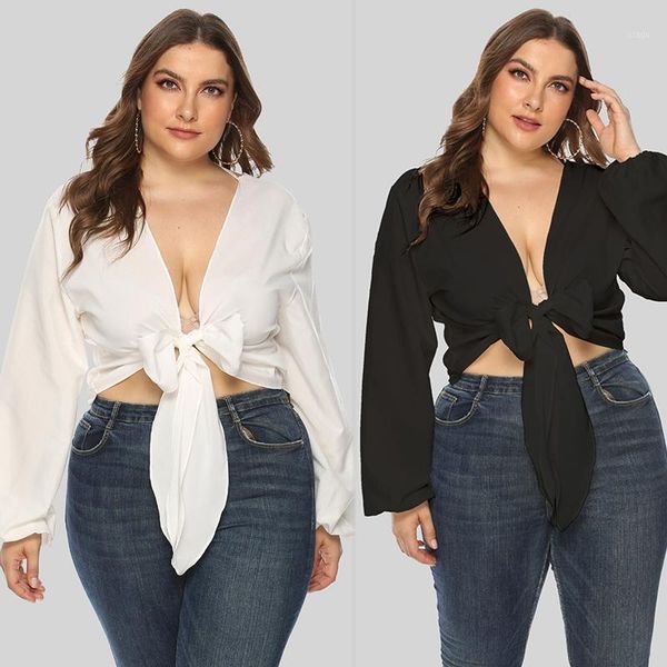 

plus size long sleeve deep v neck women tees ladies solid lace up big size blouse woman clothing sexy1, White