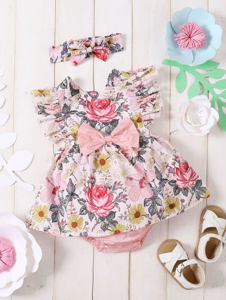 

baby girl bow front floral print dress with headband she, Red;yellow