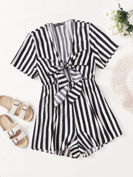 

plus stripe tie front romper 235u#, Black