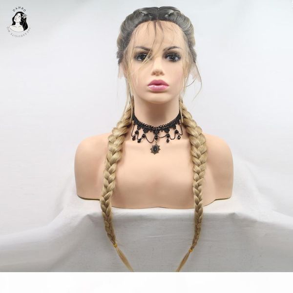 

danbo middle long straight double braid natural black straight hair braided synthetic lace front wig