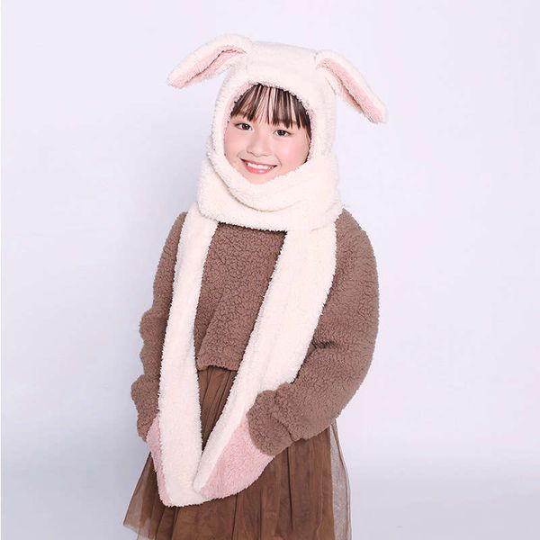 

plush rabbit warm glov scarf three in one children's ear protection hat, Red;brown