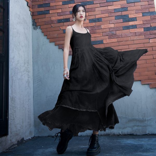 

ethnic style suspender sleeveless fashion double layer ruffled hem womens elegant cotton dress 8dcq, Black;gray