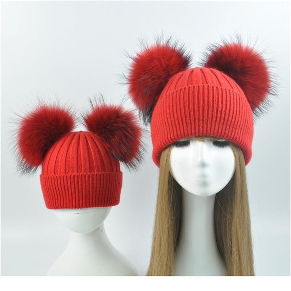 

parent-child baby hats 2pcs mother and baby warm winter knitted hats double fur pom pom bea jlldtx